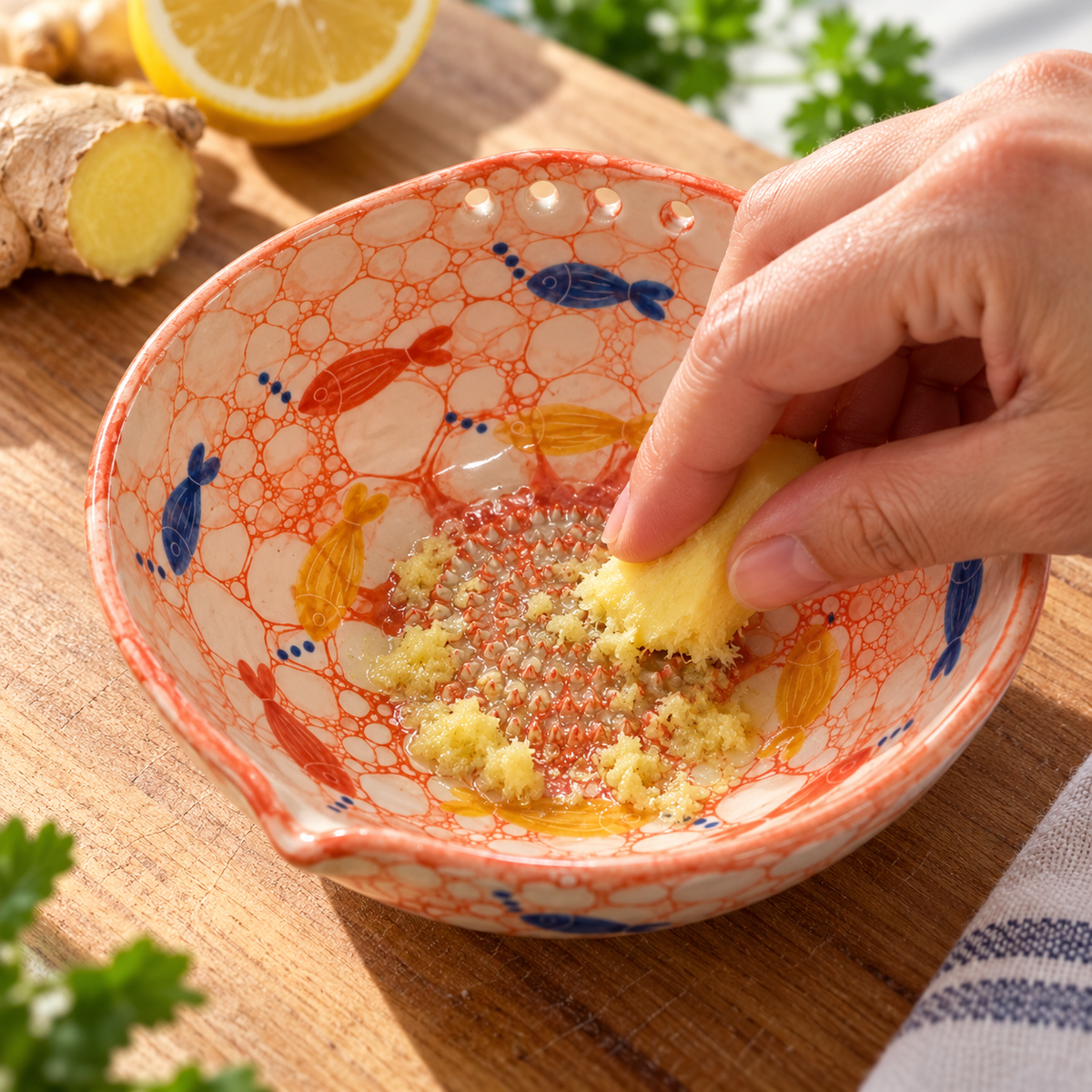 Herb Stripper Bowl & Garlic Grater Ceramic Ginder Bowl for Herbs, Ginger & Parmesan Kitchen Essential