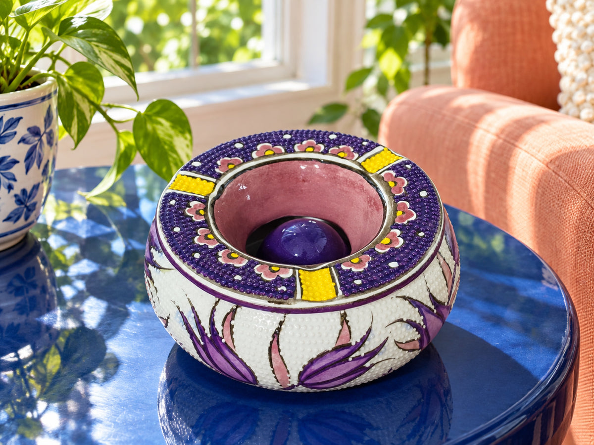 Handmade Ceramic Ashtray with Lid, 5 Inch Hand Painted Floral Outdoor Ashtray