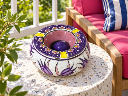 Handmade Ceramic Ashtray with Lid, 5 Inch Hand Painted Floral Outdoor Ashtray