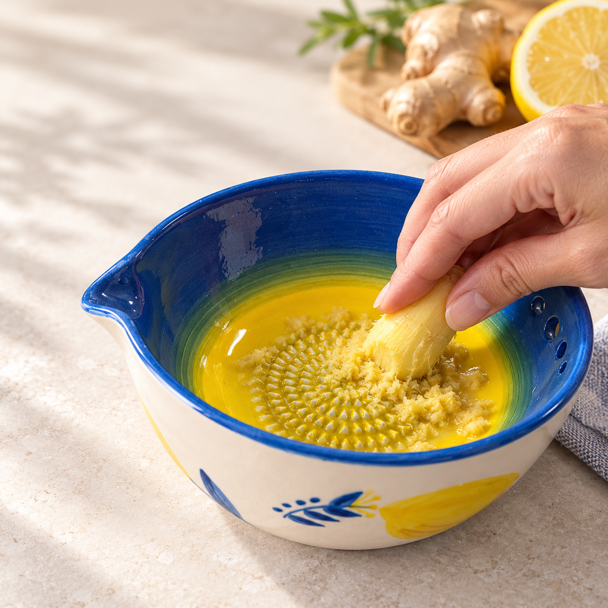 Lemon Herb Stripper Bowl & Garlic Grater Ceramic Ginder Bowl Ginger & Parmesan Kitchen Essential