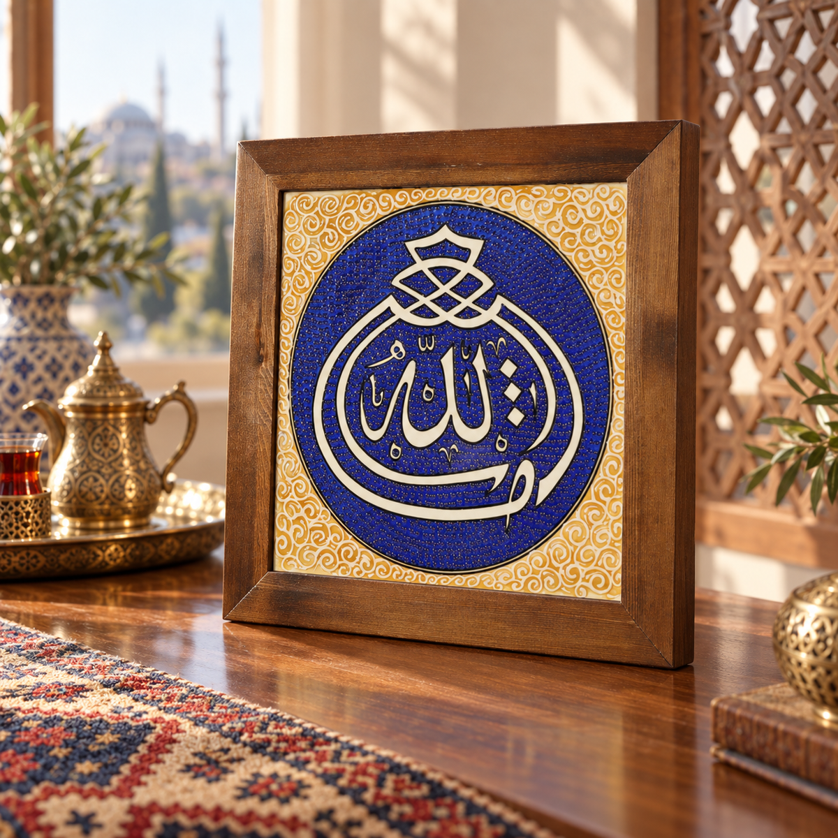 Allah Ceramic Tile Wall Art Cobalt & Gold Tone Border