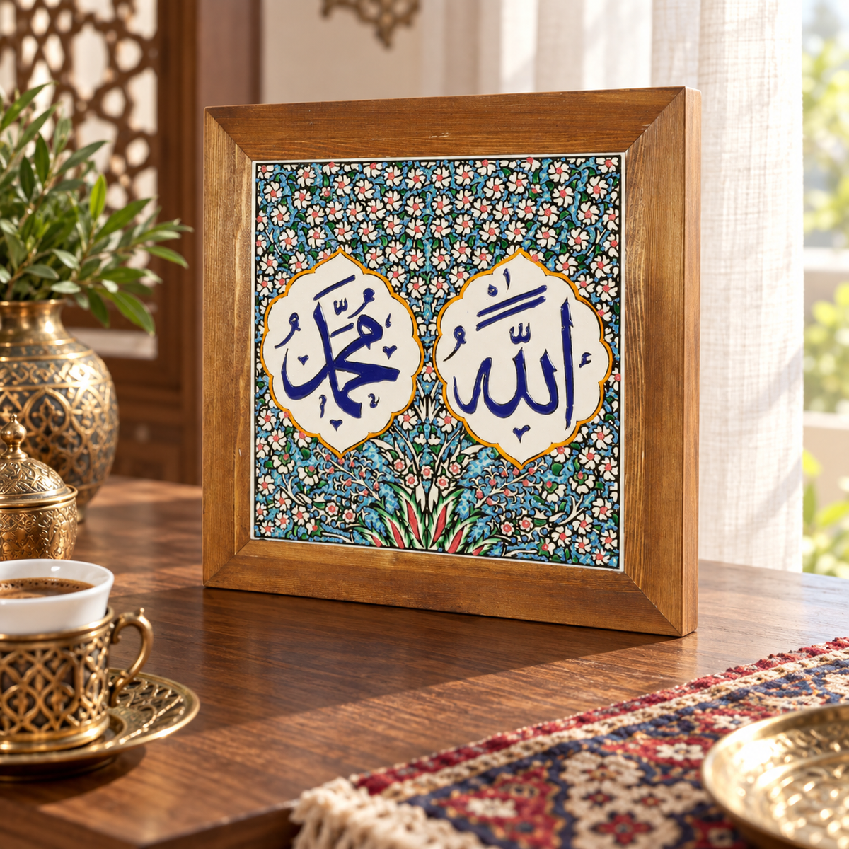 Allah & Muhammad Ceramic Wall Art Blue Floral