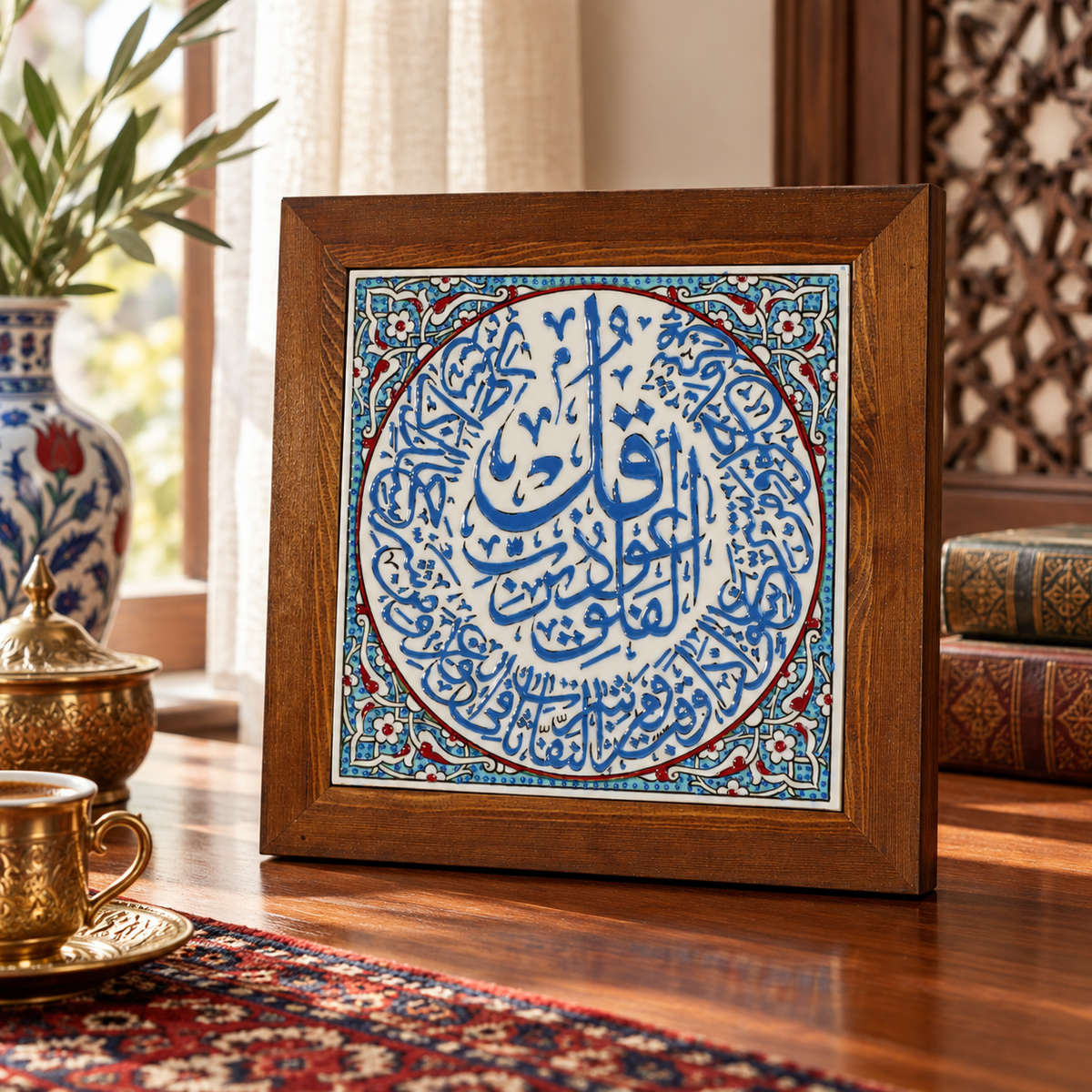 Surah Al-Falaq Framed Ceramic Tile Sky Blue Floral