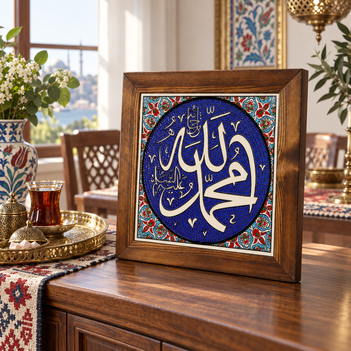 Muhammad Framed Ceramic Tile Cobalt Floral Design
