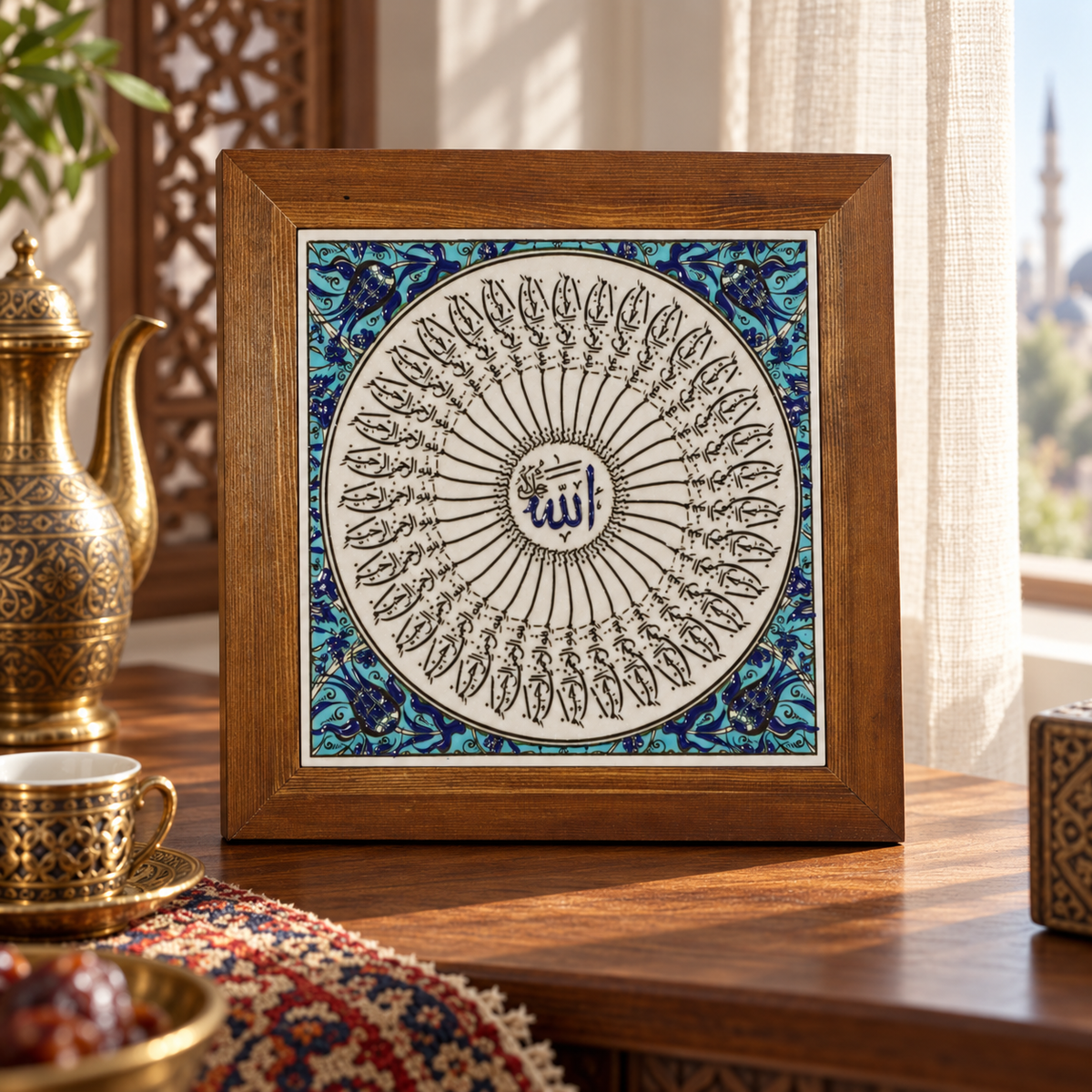 Allah Calligraphy Framed Ceramic Tile Turquoise Border