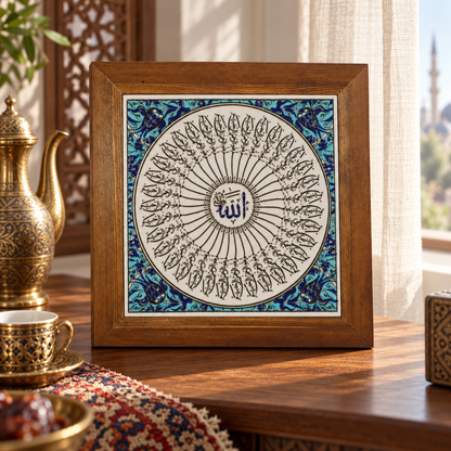 Allah Calligraphy Framed Ceramic Tile Turquoise Border