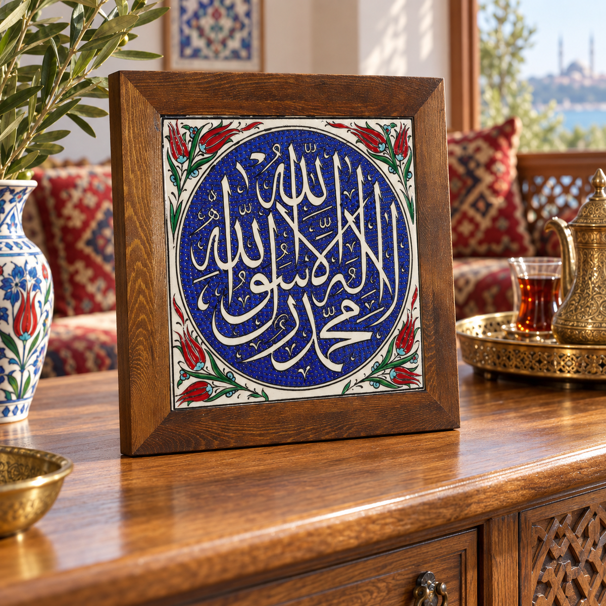 Kalima Tawhid Ceramic Wall Art Red Tulip Border
