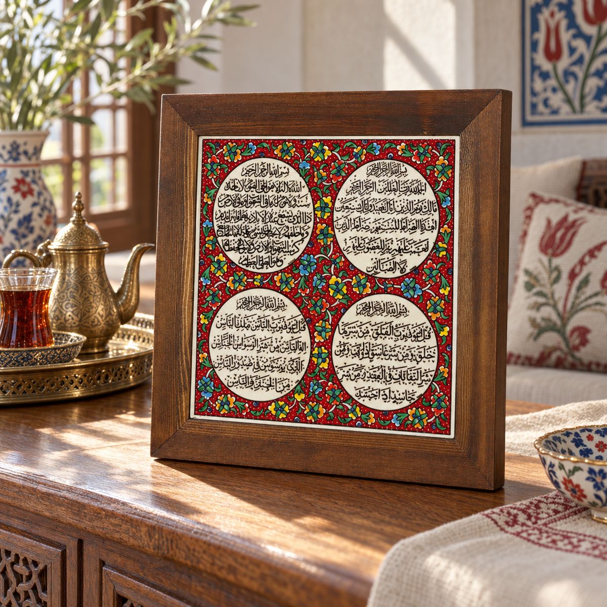 Ayat al-Kursi & Surahs Framed Ceramic Tile Red Floral