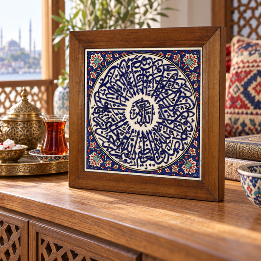 Arabic Calligraphy Framed Ceramic Tile Blue Floral