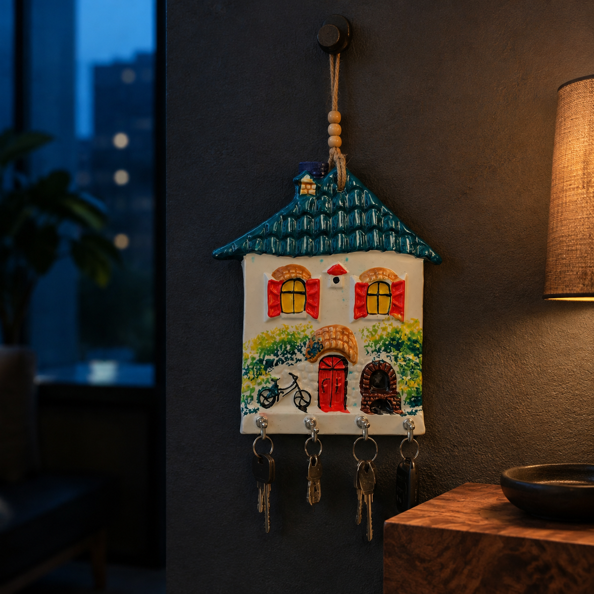 Teal roof ceramic house key organizer as evening home decor