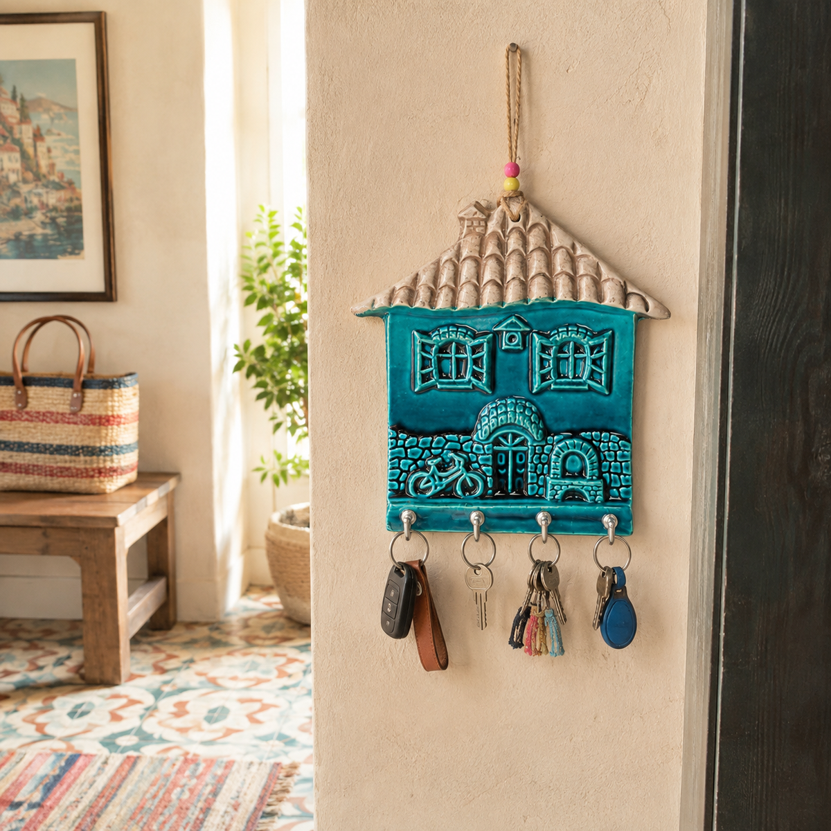 Turquoise ceramic key rack with 4 hooks in a colorful family entryway