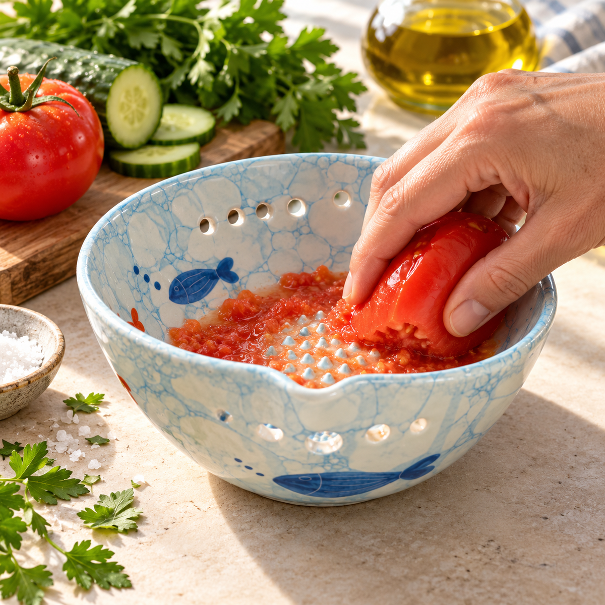 Herb Stripper Bowl & Garlic Grater Ceramic Ginder Bowl for Herbs, Ginger & Parmesan Kitchen Essential