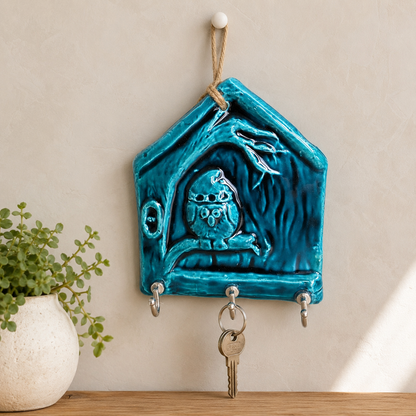 Handmade Ceramic House Key Holder for Wall, Turquoise Entryway Key Rack Housewarming Gift