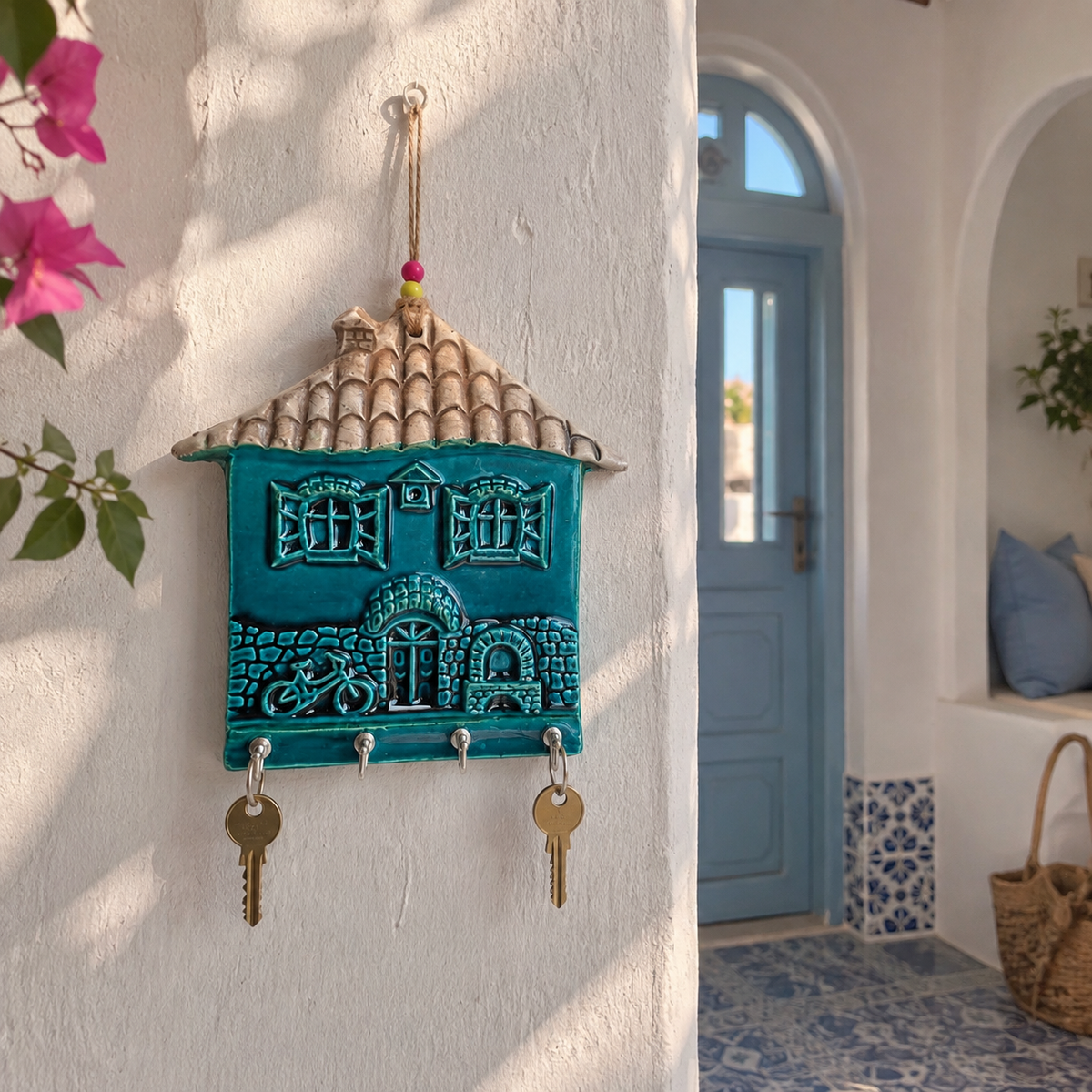 Mediterranean ceramic house key holder in a whitewashed Greek island style entryway