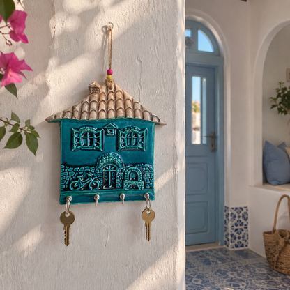 Mediterranean ceramic house key holder in a whitewashed Greek island style entryway