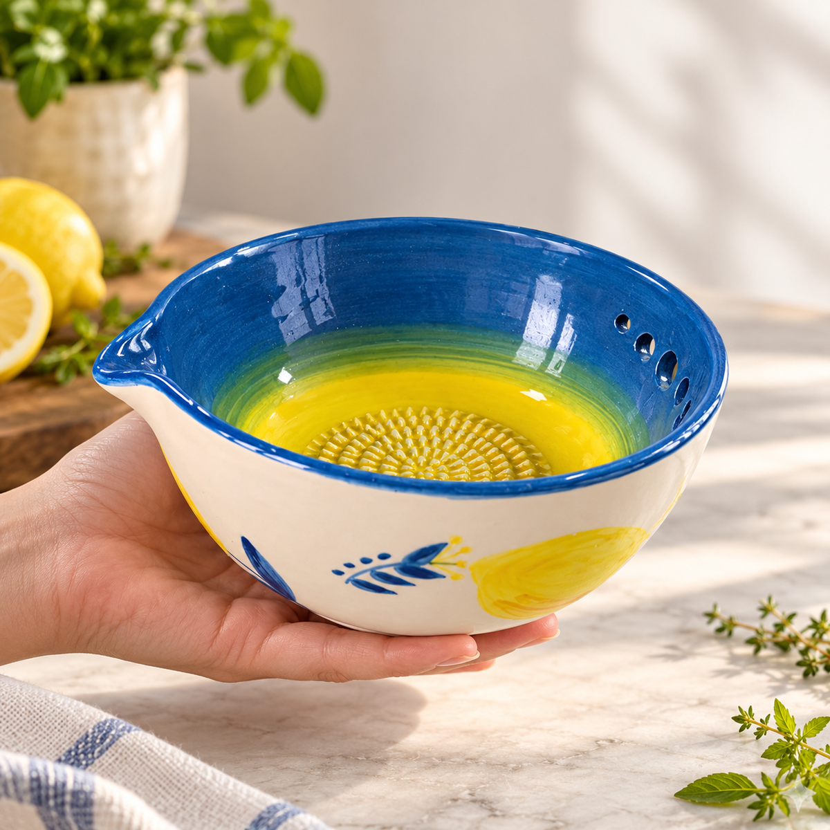 Lemon Herb Stripper Bowl & Garlic Grater Ceramic Ginder Bowl Ginger & Parmesan Kitchen Essential