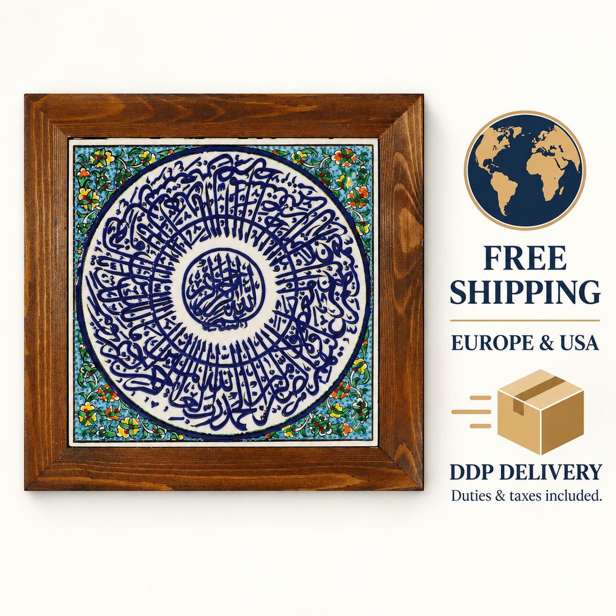 Surah Al-Fatiha Framed Ceramic Tile – Turquoise Floral