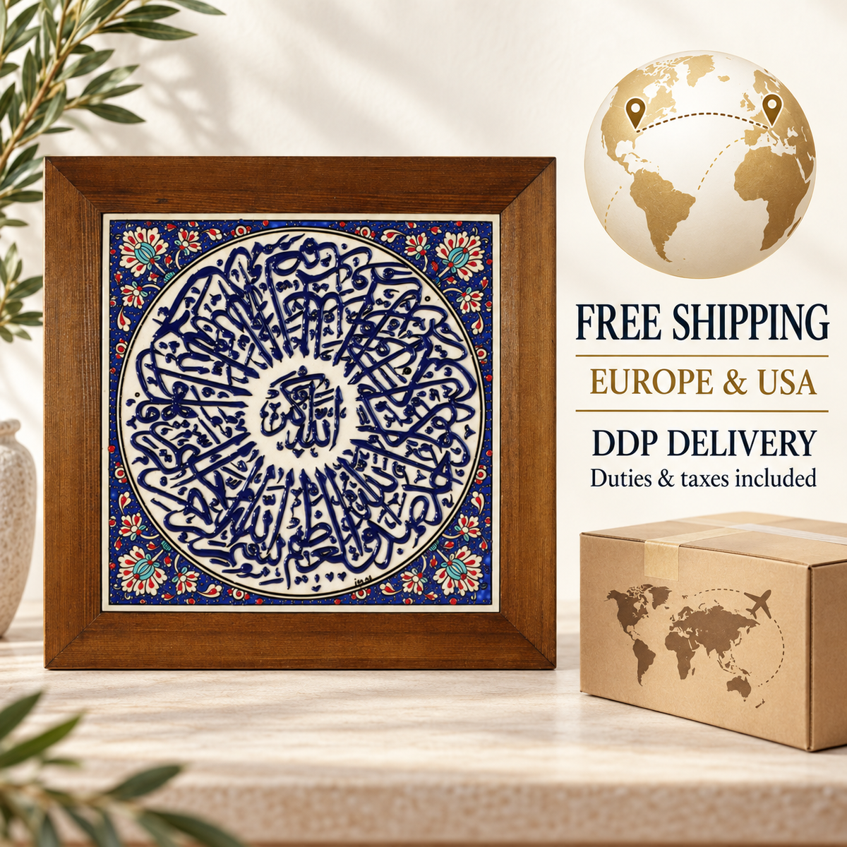 Arabic Calligraphy Framed Ceramic Tile Blue Floral