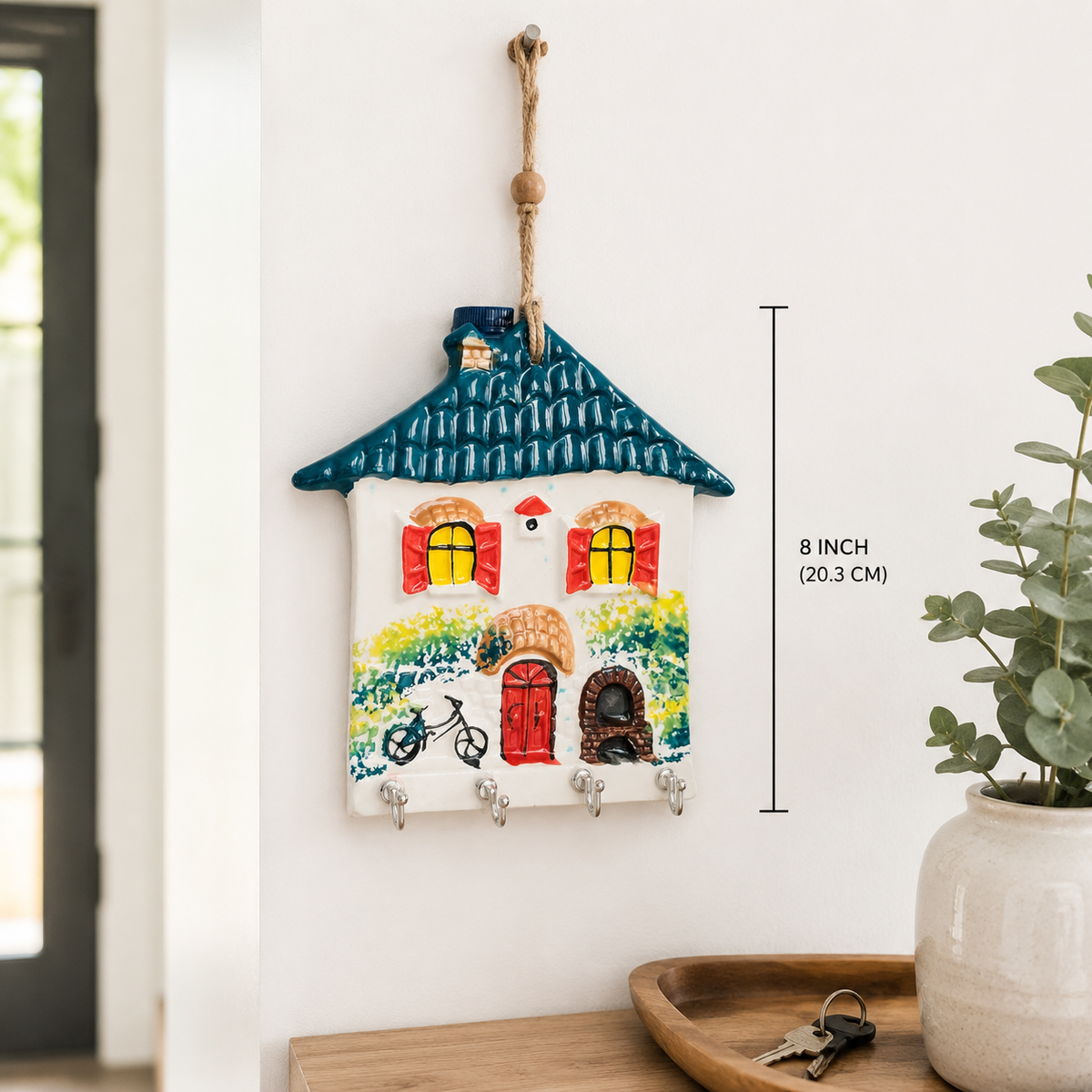 Teal roof ceramic house key holder size, approx. 8 inches tall