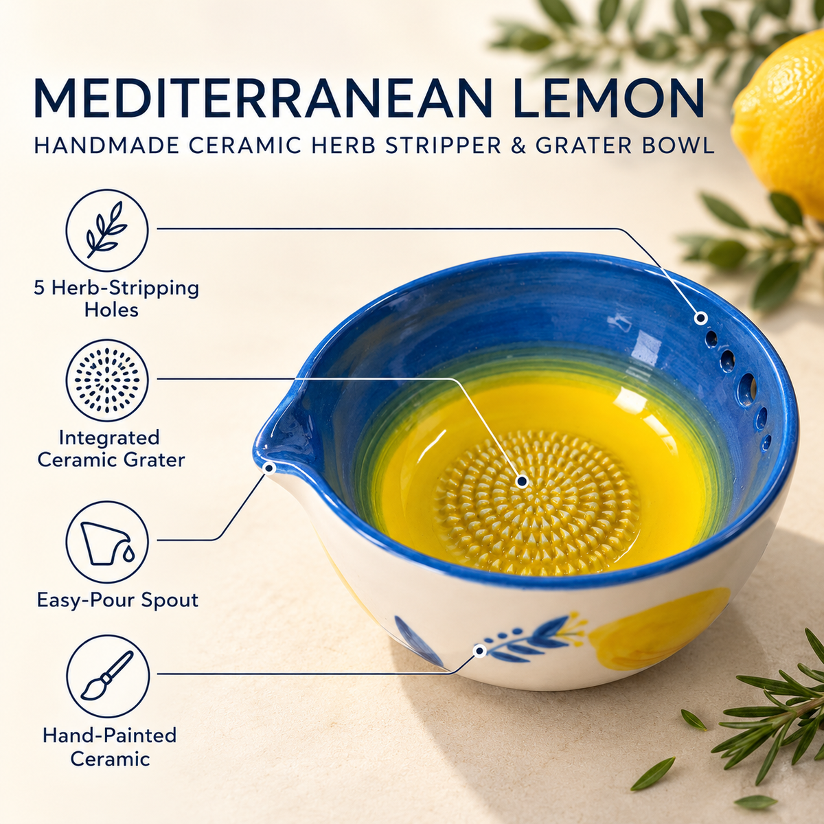 Lemon Herb Stripper Bowl & Garlic Grater Ceramic Ginder Bowl Ginger & Parmesan Kitchen Essential