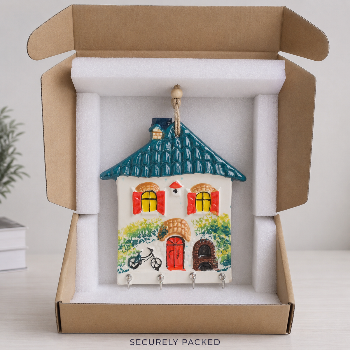 Teal roof ceramic key holder securely packed in a sturdy gift box