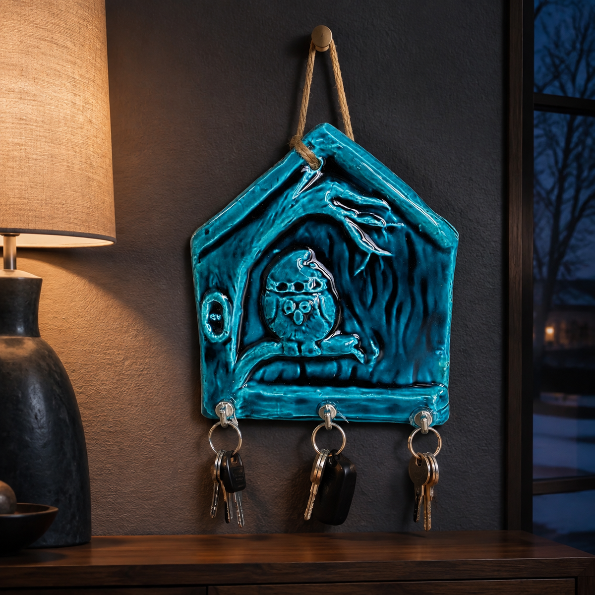 Handmade Ceramic House Key Holder for Wall, Turquoise Entryway Key Rack Housewarming Gift