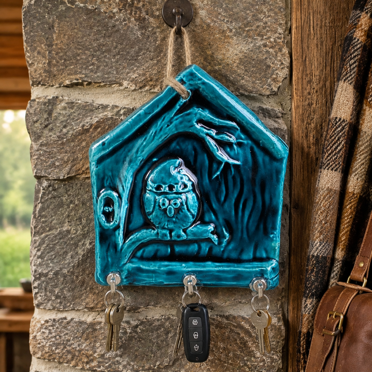 Handmade Ceramic House Key Holder for Wall, Turquoise Entryway Key Rack Housewarming Gift