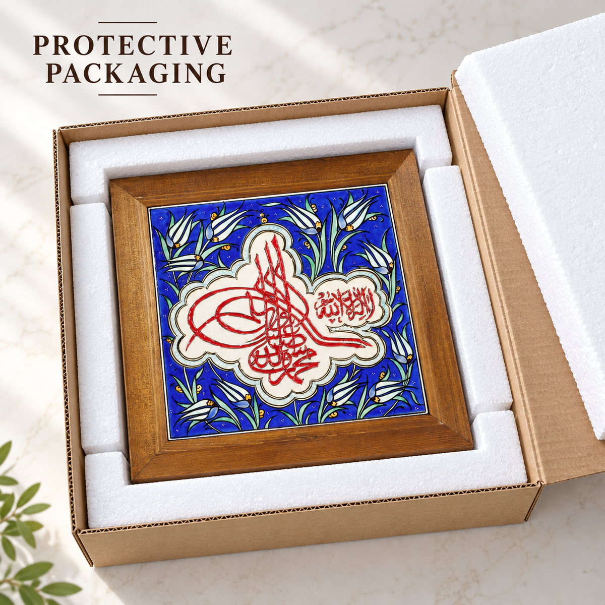 Kalima Tawhid Framed Ceramic Tile White Tulip Design