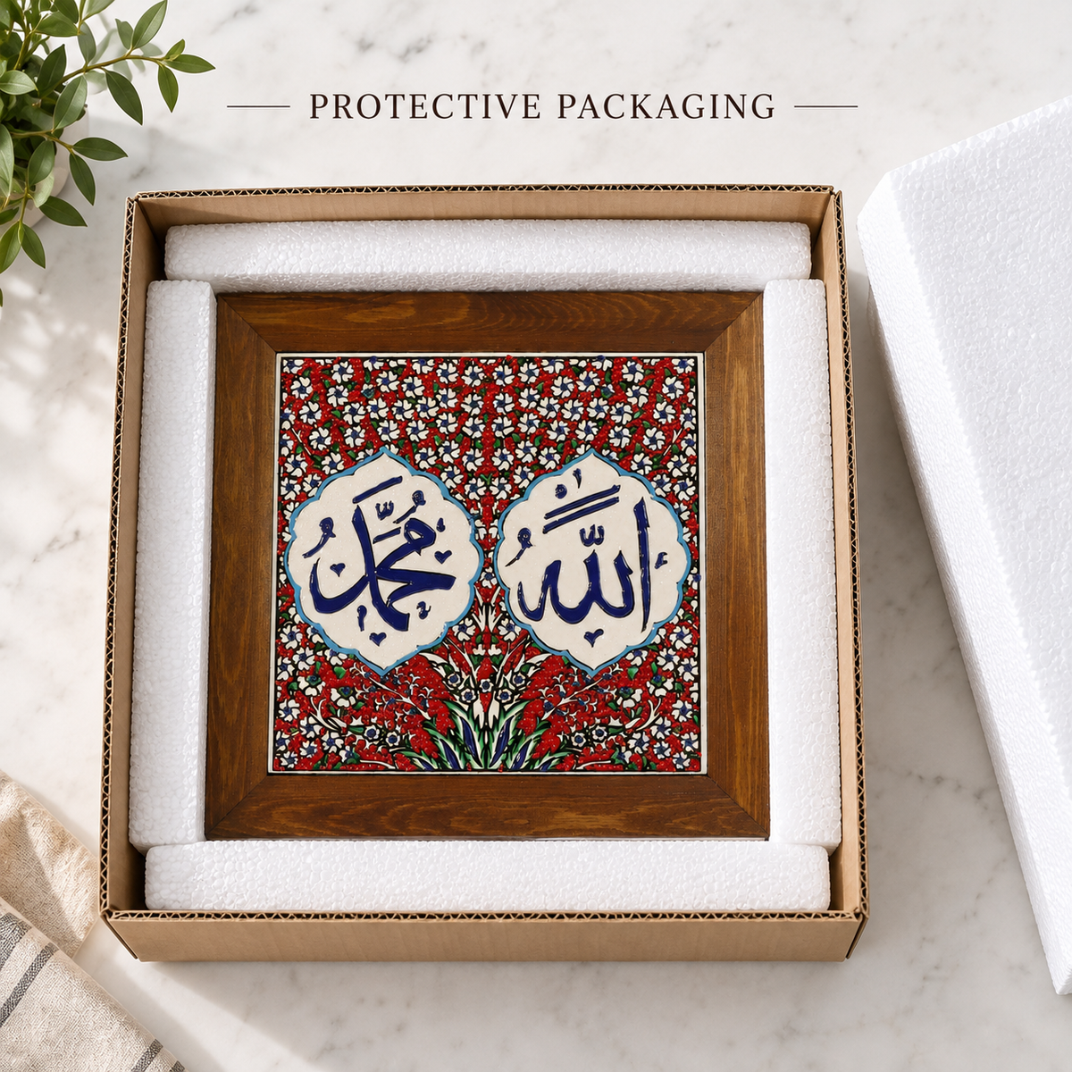 Allah & Muhammad Framed Ceramic Tile – Red Floral
