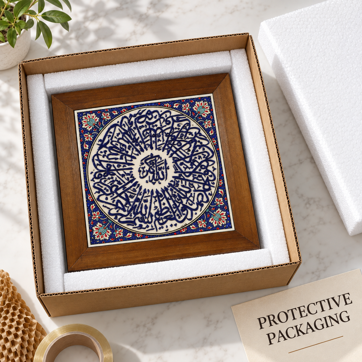 Arabic Calligraphy Framed Ceramic Tile Blue Floral