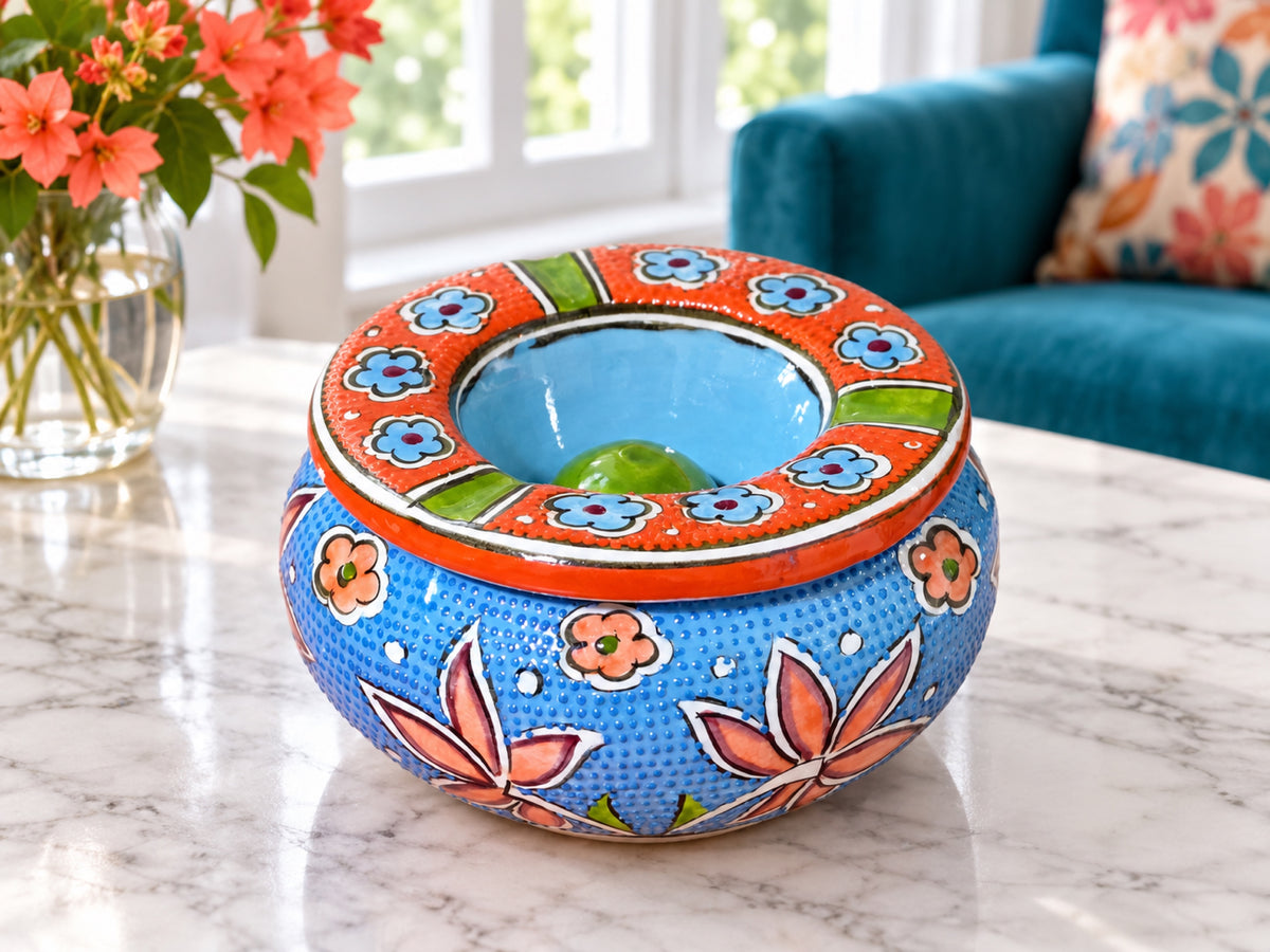 Handmade Ceramic Ashtray with Lid, 5 Inch Hand Painted Floral Outdoor Ashtray