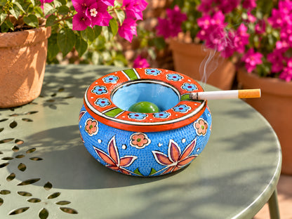 Handmade Ceramic Ashtray with Lid, 5 Inch Hand Painted Floral Outdoor Ashtray