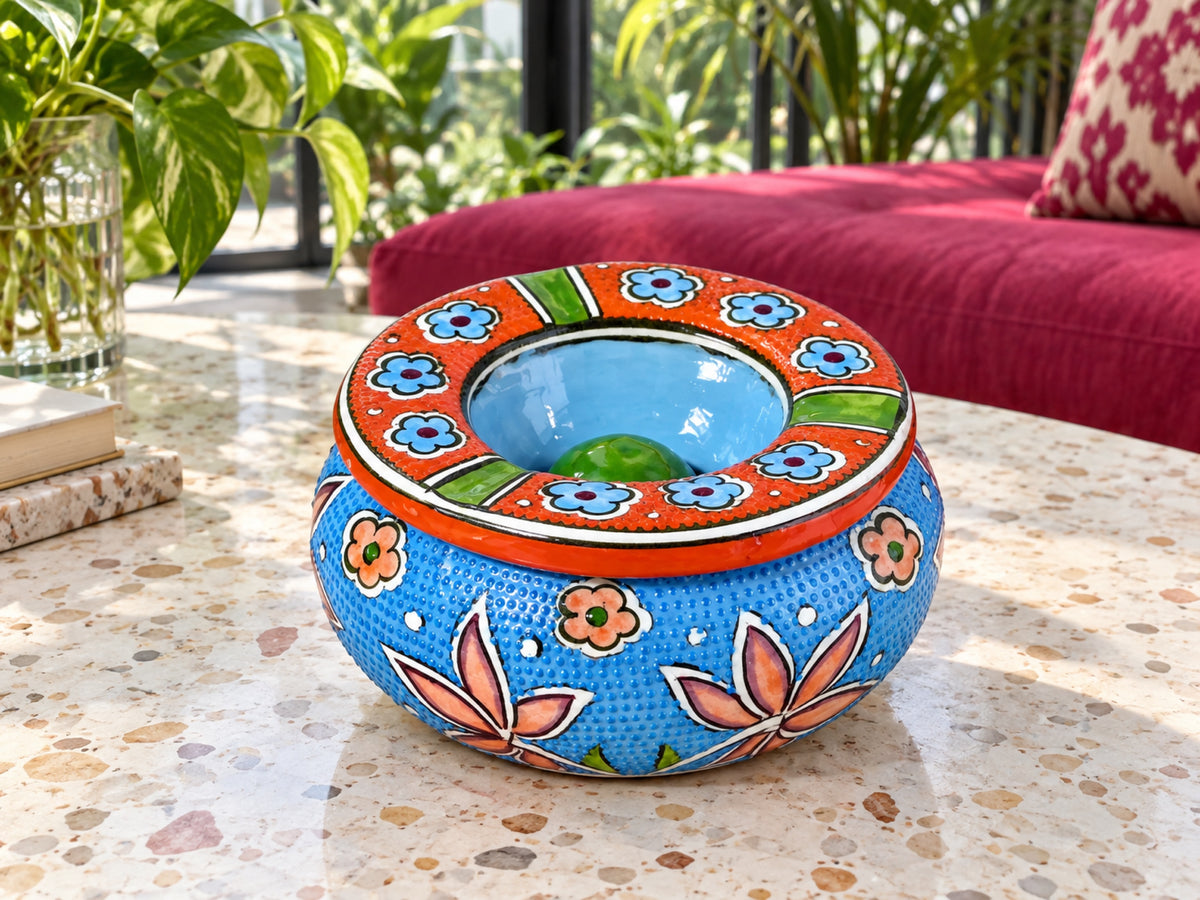 Handmade Ceramic Ashtray with Lid, 5 Inch Hand Painted Floral Outdoor Ashtray
