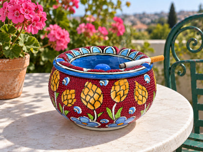Handmade Ceramic Ashtray with Lid, 5 Inch Hand Painted Floral Outdoor Ashtray