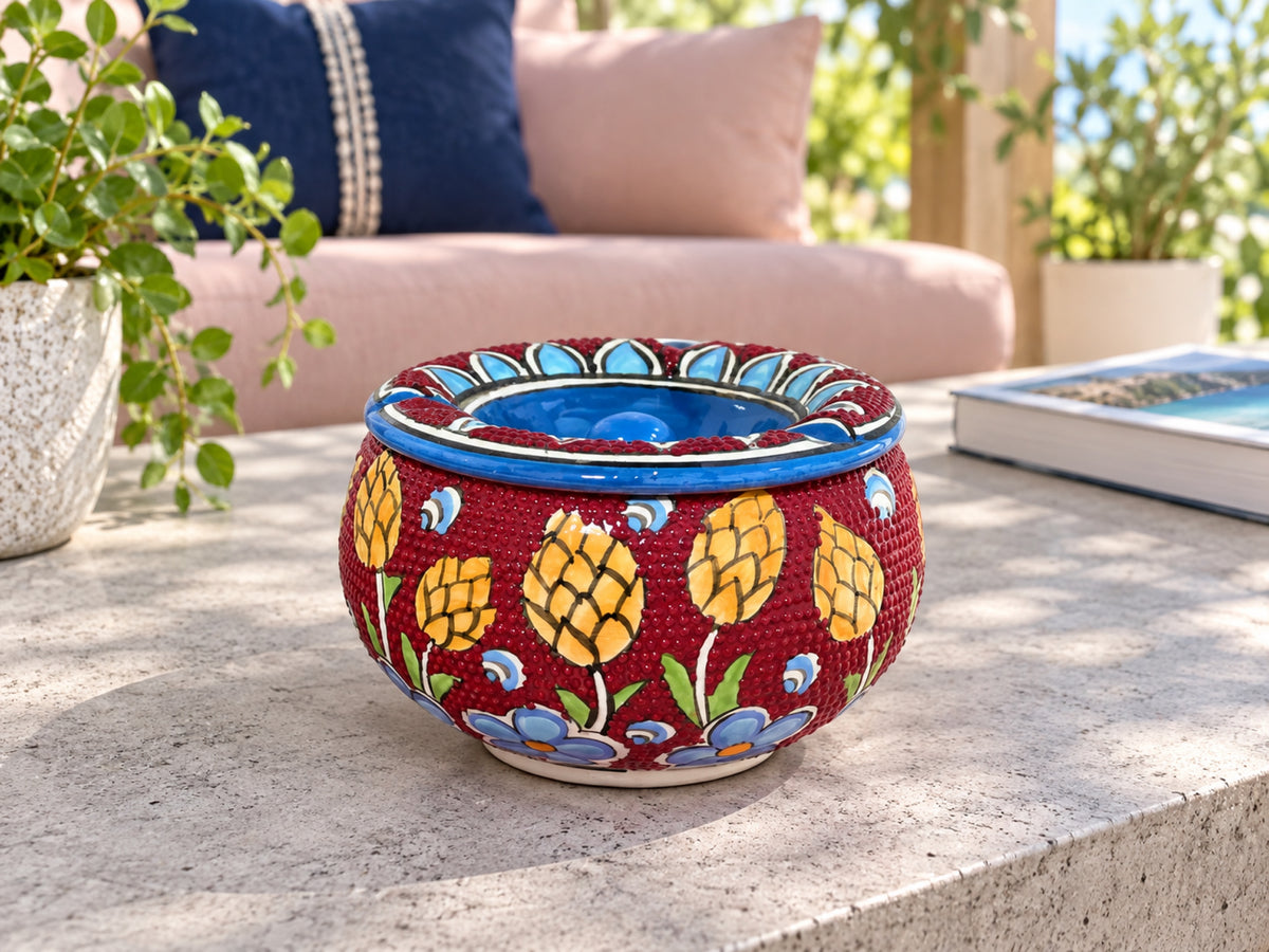 Handmade Ceramic Ashtray with Lid, 5 Inch Hand Painted Floral Outdoor Ashtray