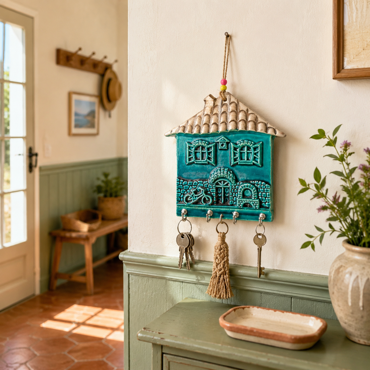 Ceramic house key holder as wall decor in a cozy cottage hallway
