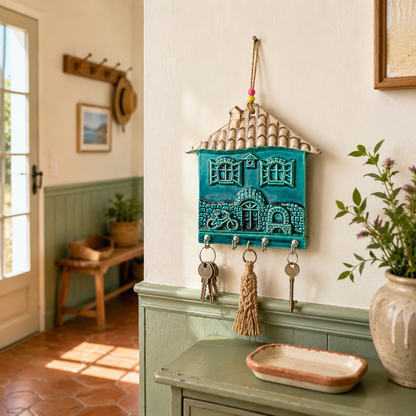 Ceramic house key holder as wall decor in a cozy cottage hallway