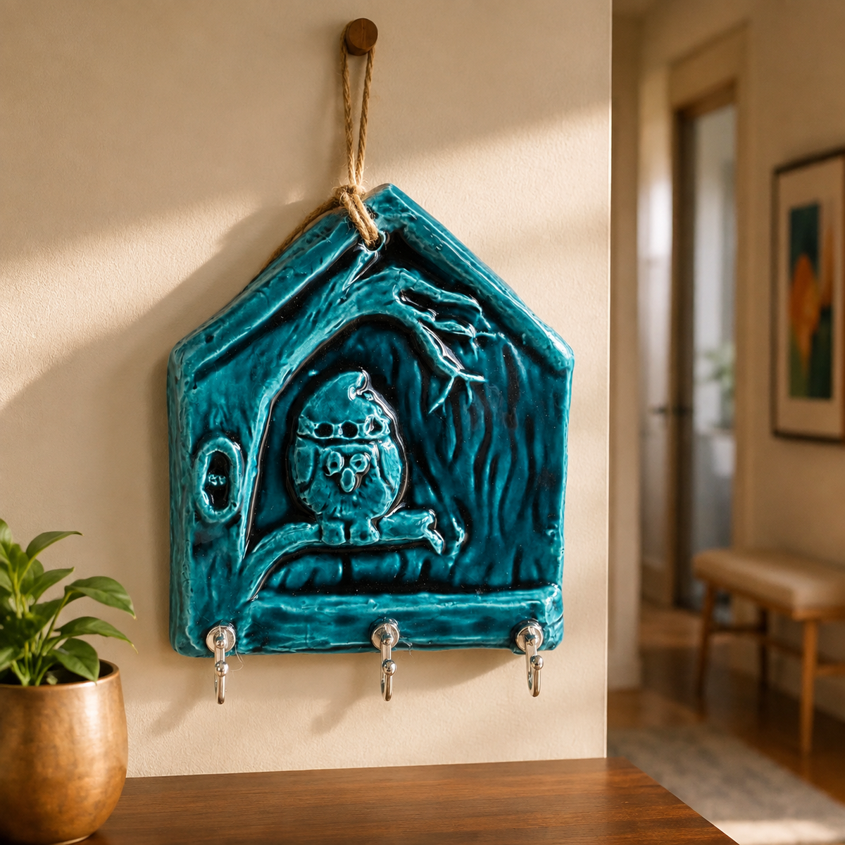 Handmade Ceramic House Key Holder for Wall, Turquoise Entryway Key Rack Housewarming Gift