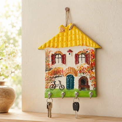 Sunshine yellow roof ceramic house key holder in a spring entryway