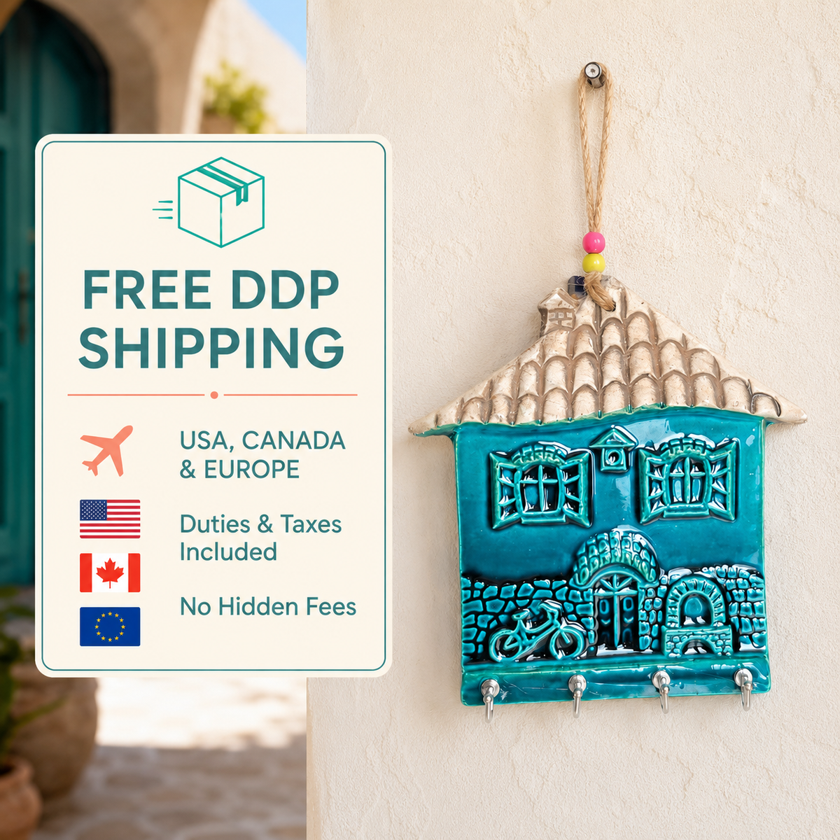 Free DDP shipping for the handmade ceramic key holder to the USA, Canada and Europe