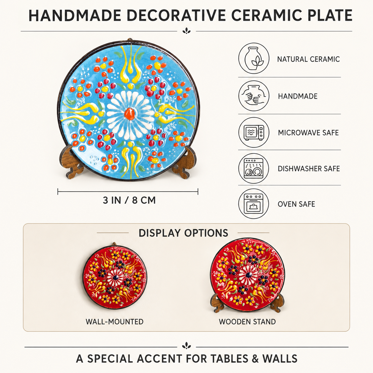 Decorative Ceramic Plate with Stand, 3" Handmade Ceramic Platter (8 cm) Decorative Dish, Home Decor