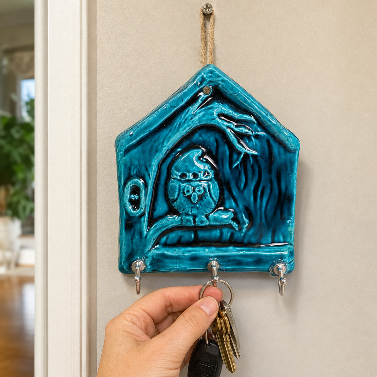 Handmade Ceramic House Key Holder for Wall, Turquoise Entryway Key Rack Housewarming Gift