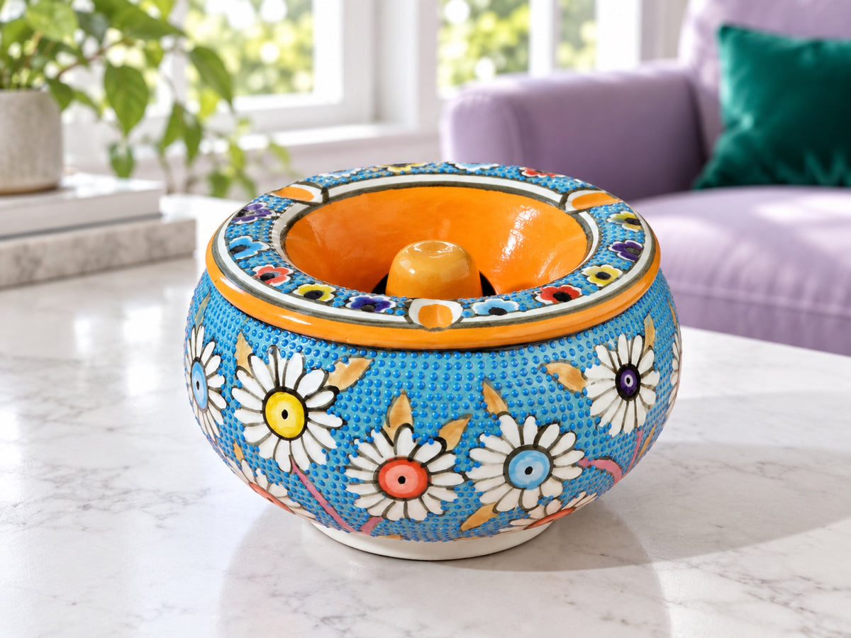 Handmade Ceramic Ashtray with Lid, 5 Inch Hand Painted Floral Outdoor Ashtray