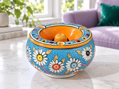 Handmade Ceramic Ashtray with Lid, 5 Inch Hand Painted Floral Outdoor Ashtray