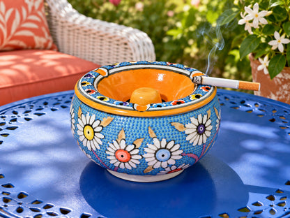 Handmade Ceramic Ashtray with Lid, 5 Inch Hand Painted Floral Outdoor Ashtray