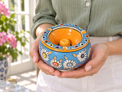 Handmade Ceramic Ashtray with Lid, 5 Inch Hand Painted Floral Outdoor Ashtray