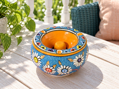 Handmade Ceramic Ashtray with Lid, 5 Inch Hand Painted Floral Outdoor Ashtray