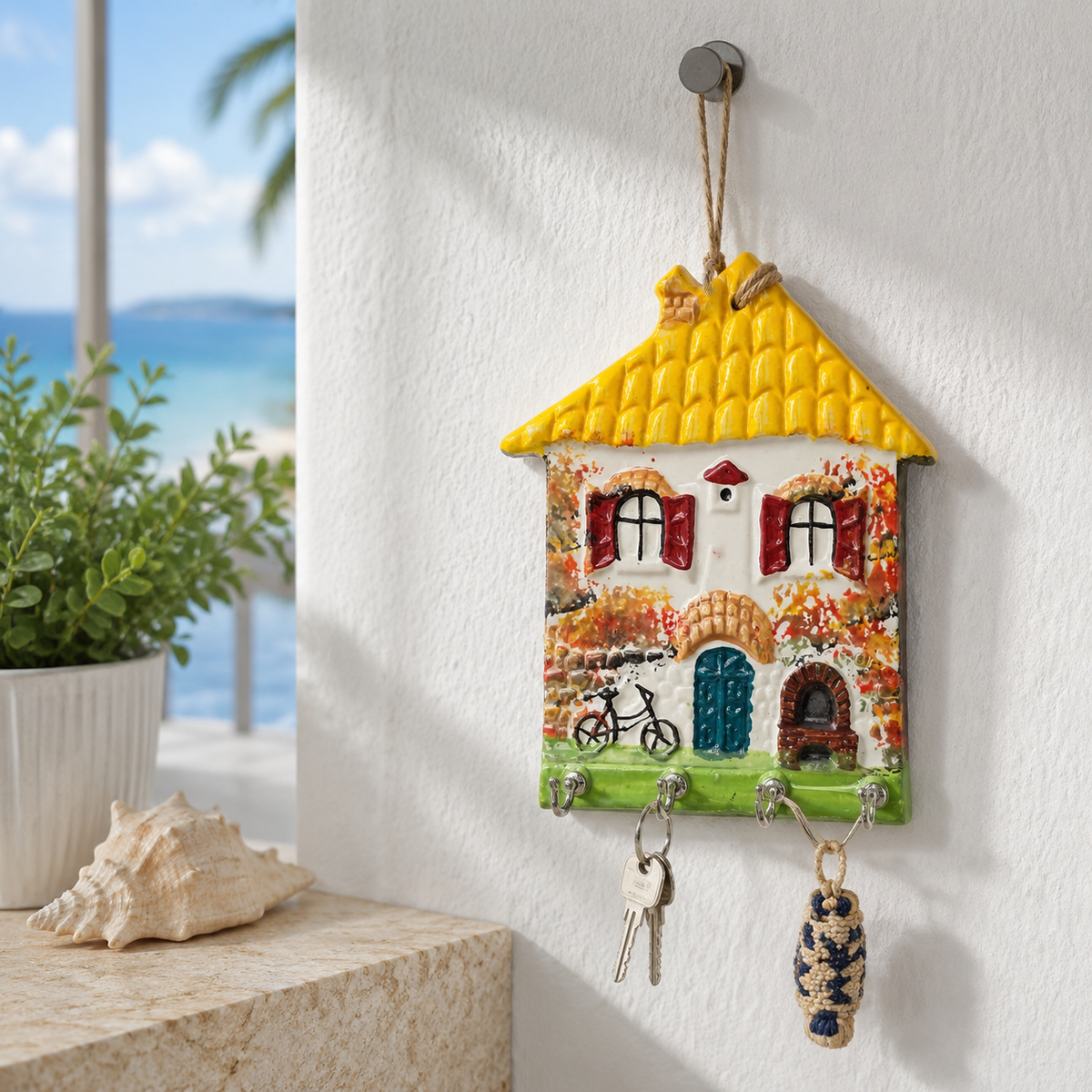 Sunshine yellow roof wall key rack with 4 hooks in a summer entryway