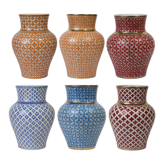 Set of six patterned vases in orange, red, blue, and white on a white background