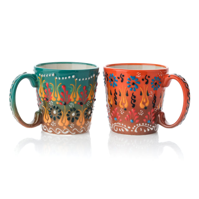 Handmade Ceramic Mugs, 8 Oz Coffee Mug, Moss Green & Orange Mugs, Set of 2 Mugs